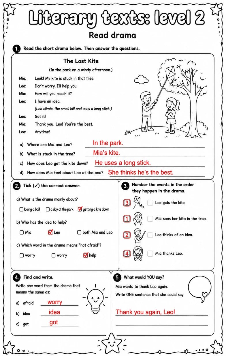 Answer key for Read drama — free printable English & Reading worksheet