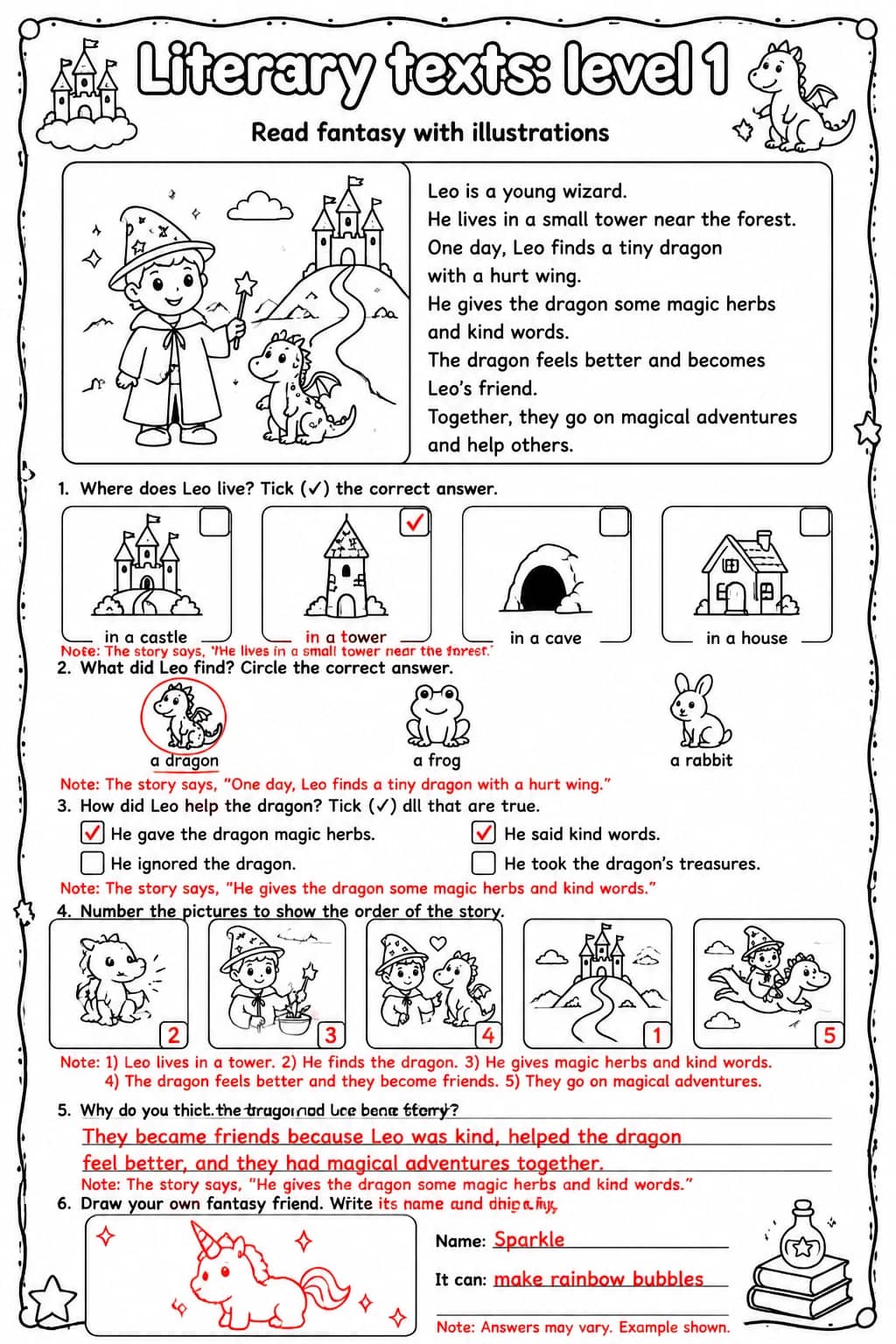 Answer key for Read fantasy with illustrations — free printable English & Reading worksheet