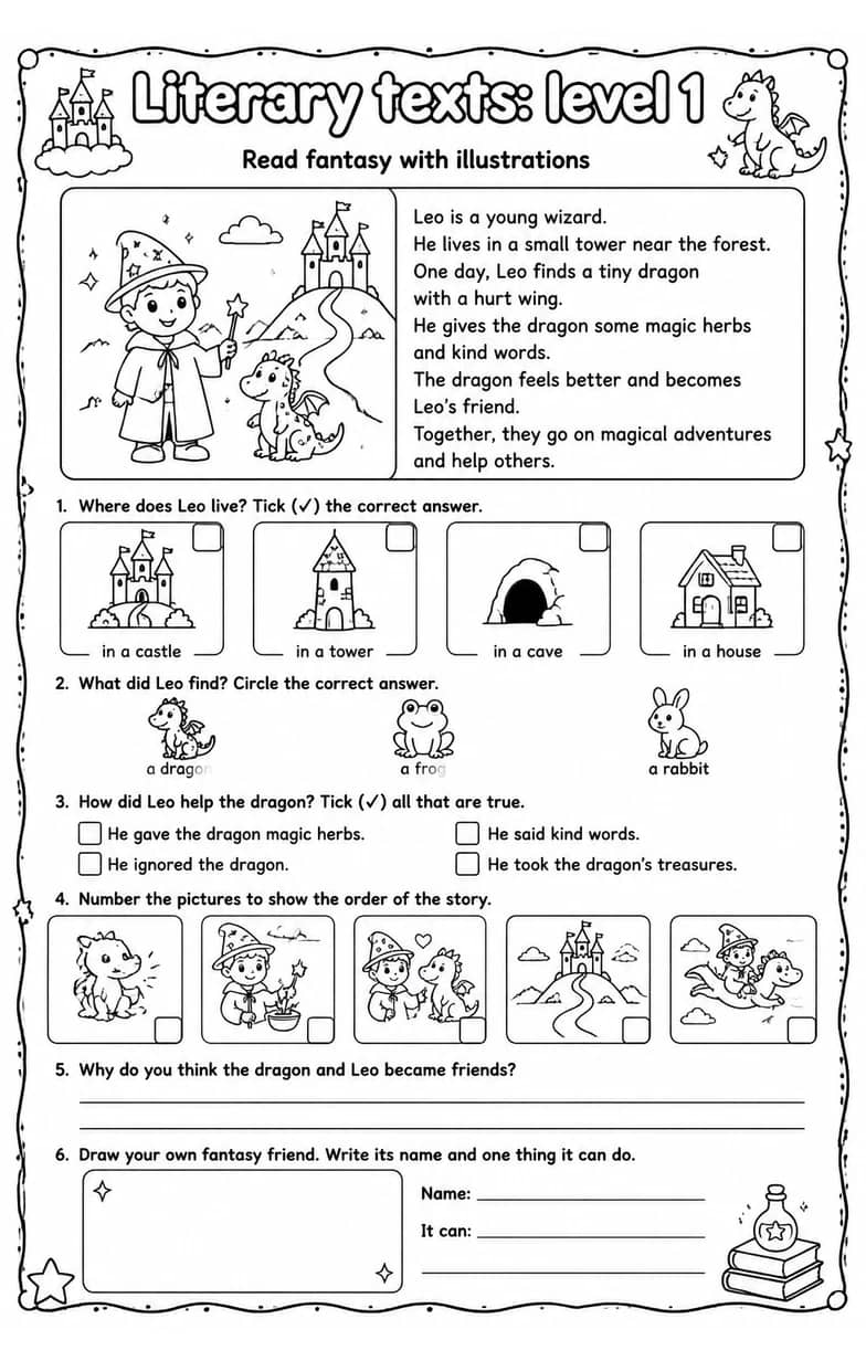 Read fantasy with illustrations — free printable Reading strategies English worksheet