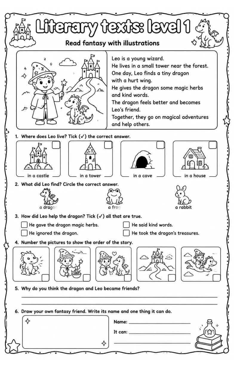 Read fantasy with illustrations — free printable Grade 3 English & Reading worksheet