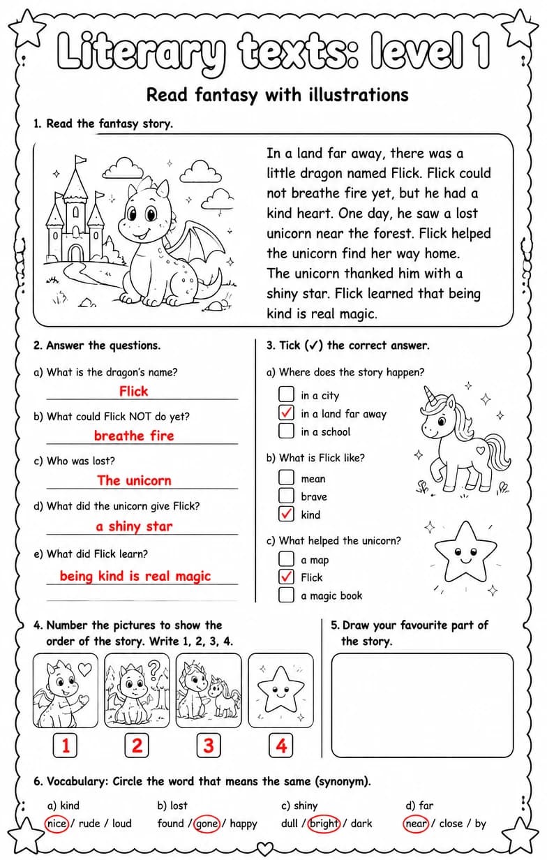 Answer key for Read fantasy with illustrations — free printable English & Reading worksheet