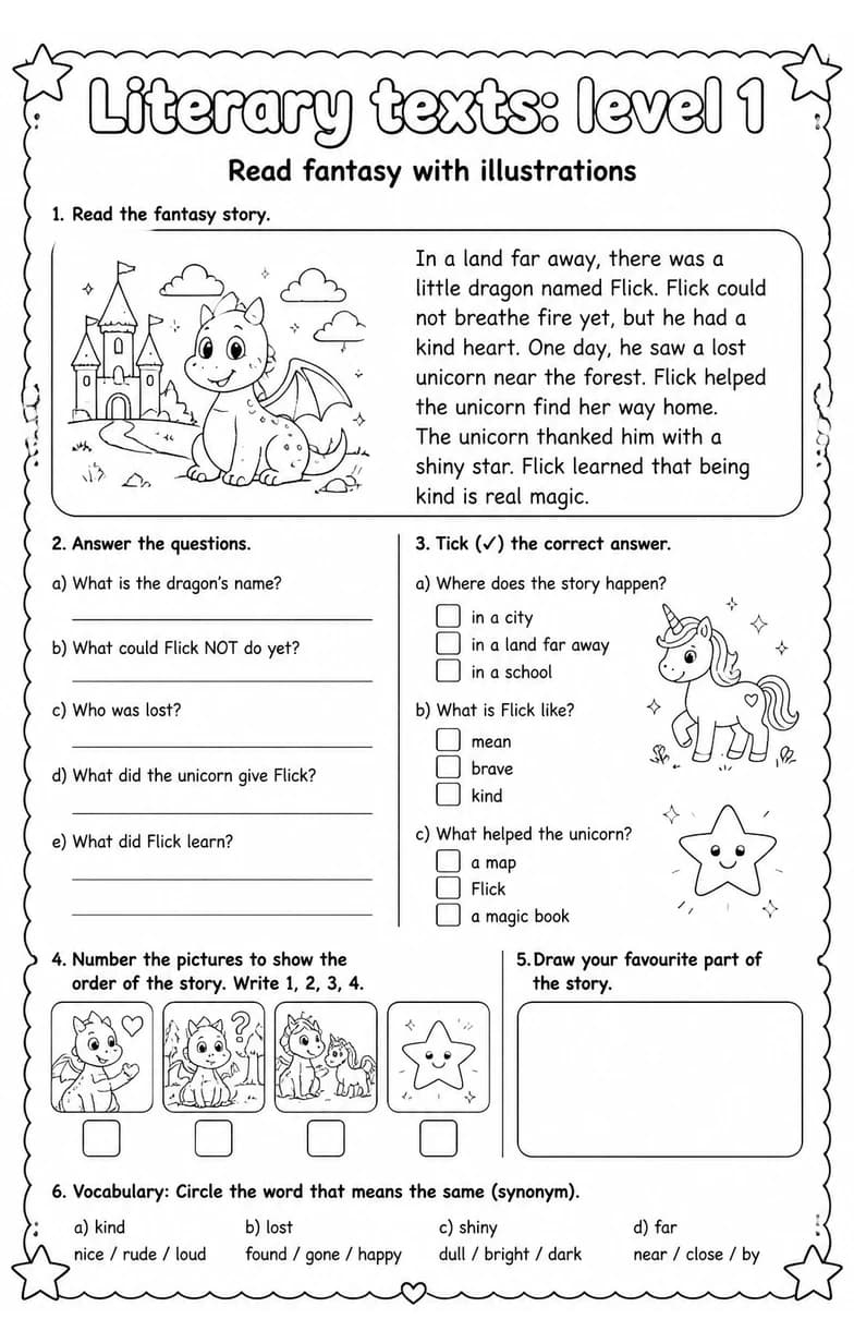 Read fantasy with illustrations — free printable Grade 4 English & Reading worksheet