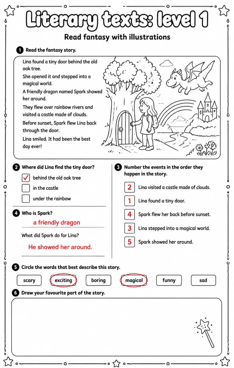 Answer key for Read fantasy with illustrations — free printable English & Reading worksheet