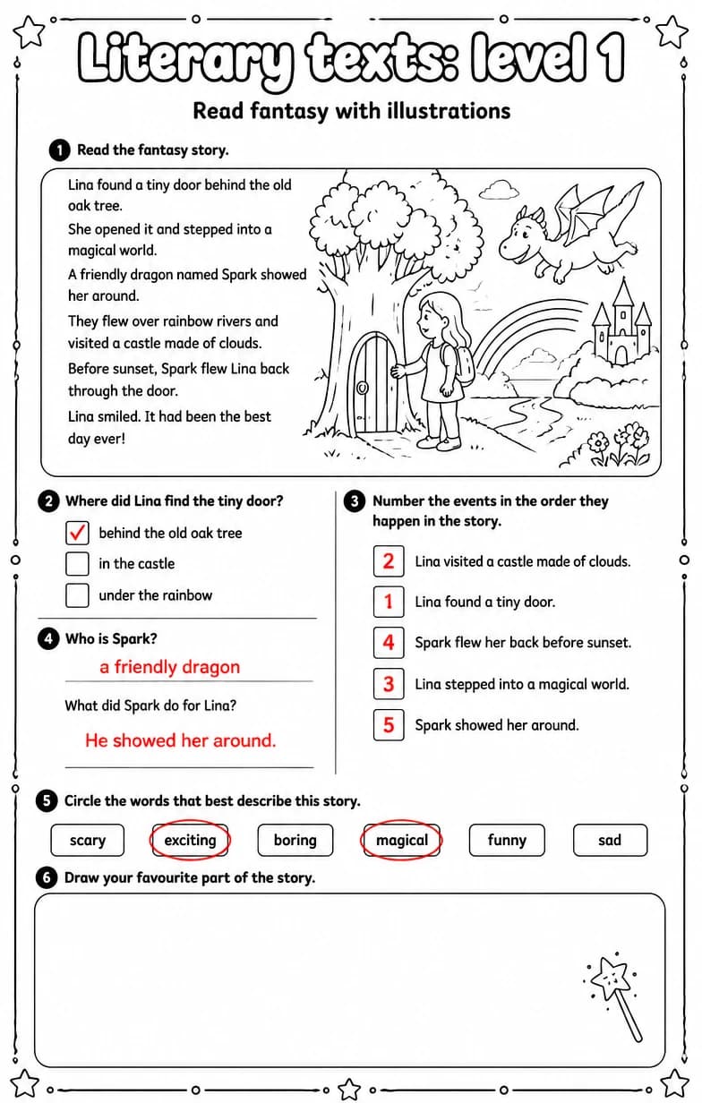 Answer key for Read fantasy with illustrations — free printable English & Reading worksheet