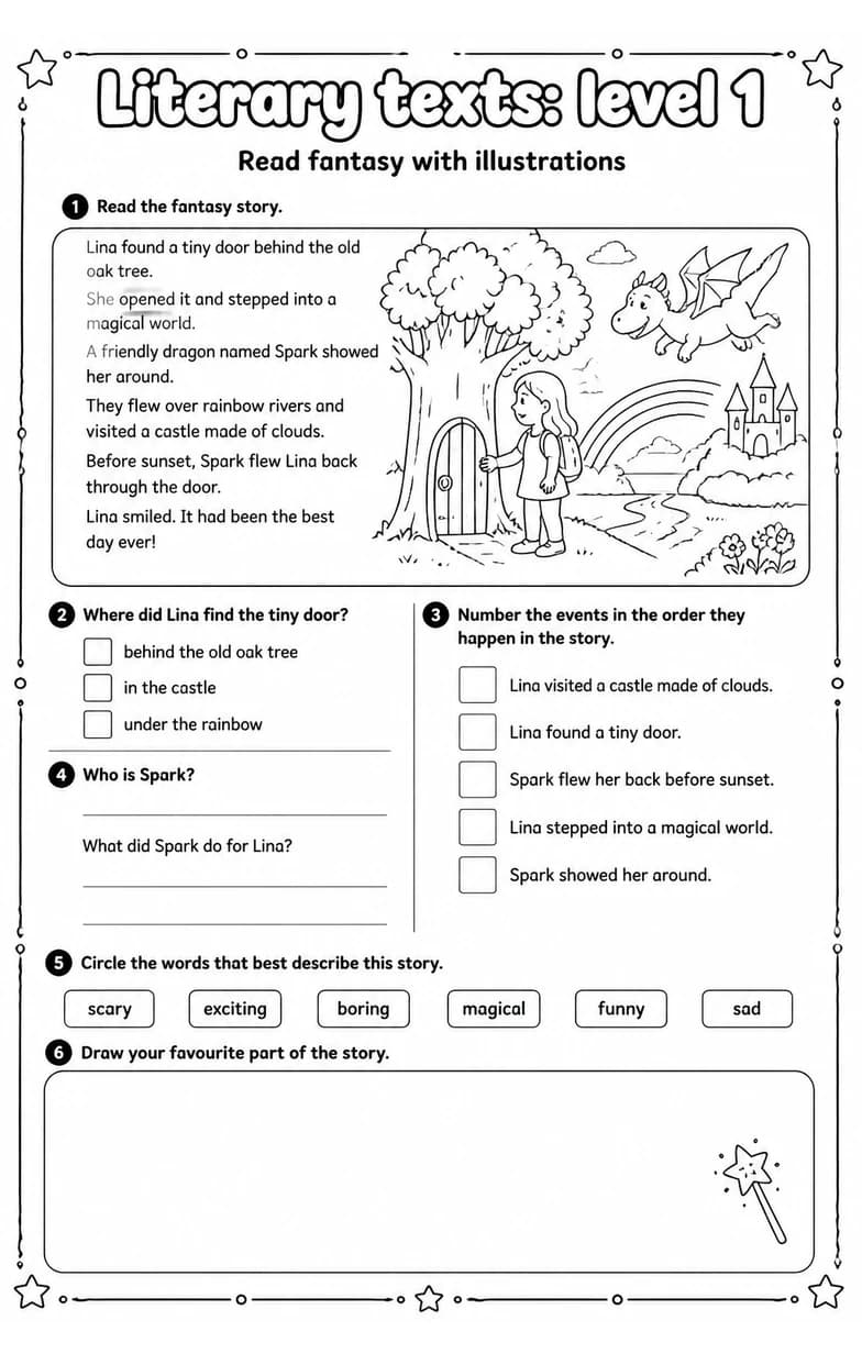 Read fantasy with illustrations — free printable Reading strategies English worksheet