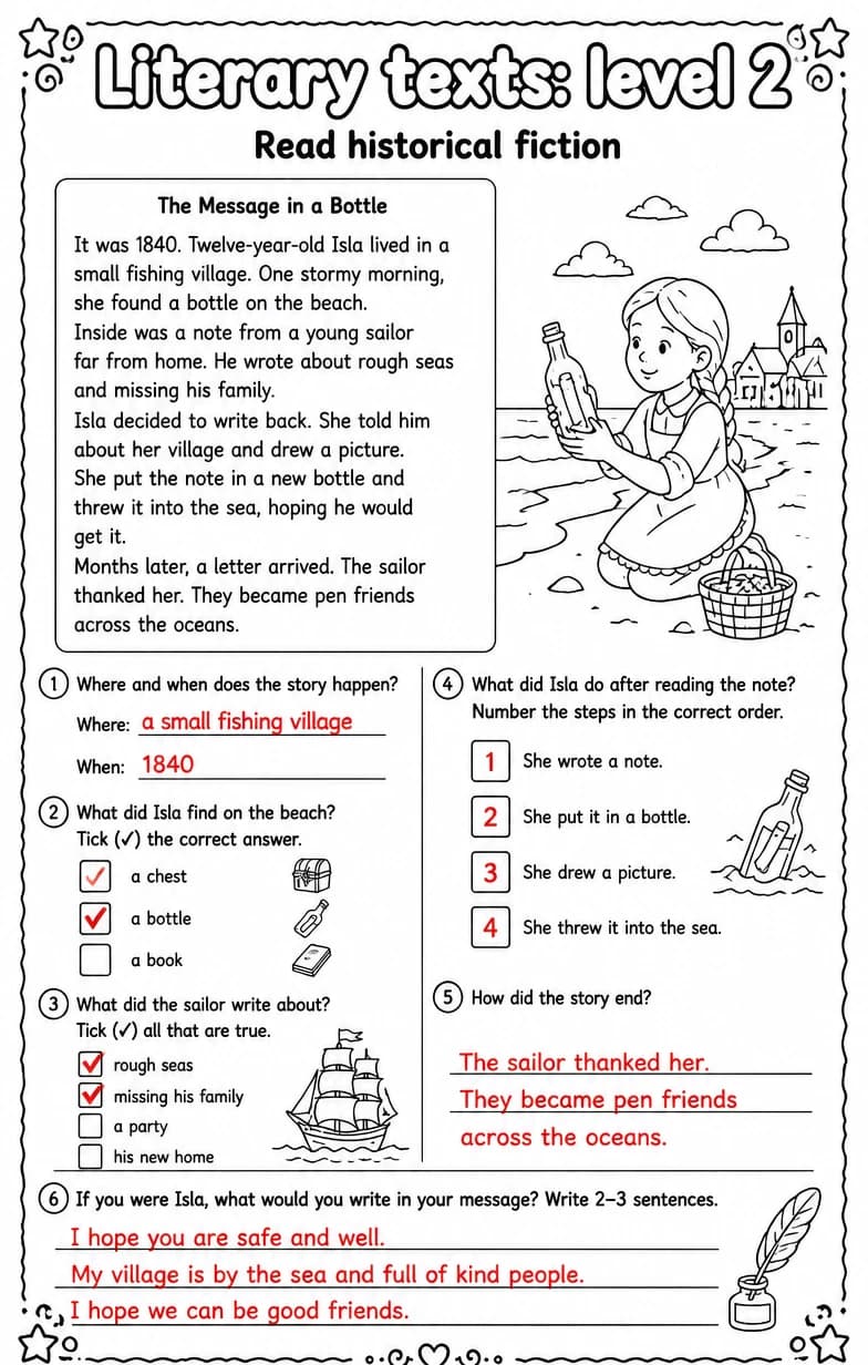 Answer key for Read historical fiction — free printable English & Reading worksheet