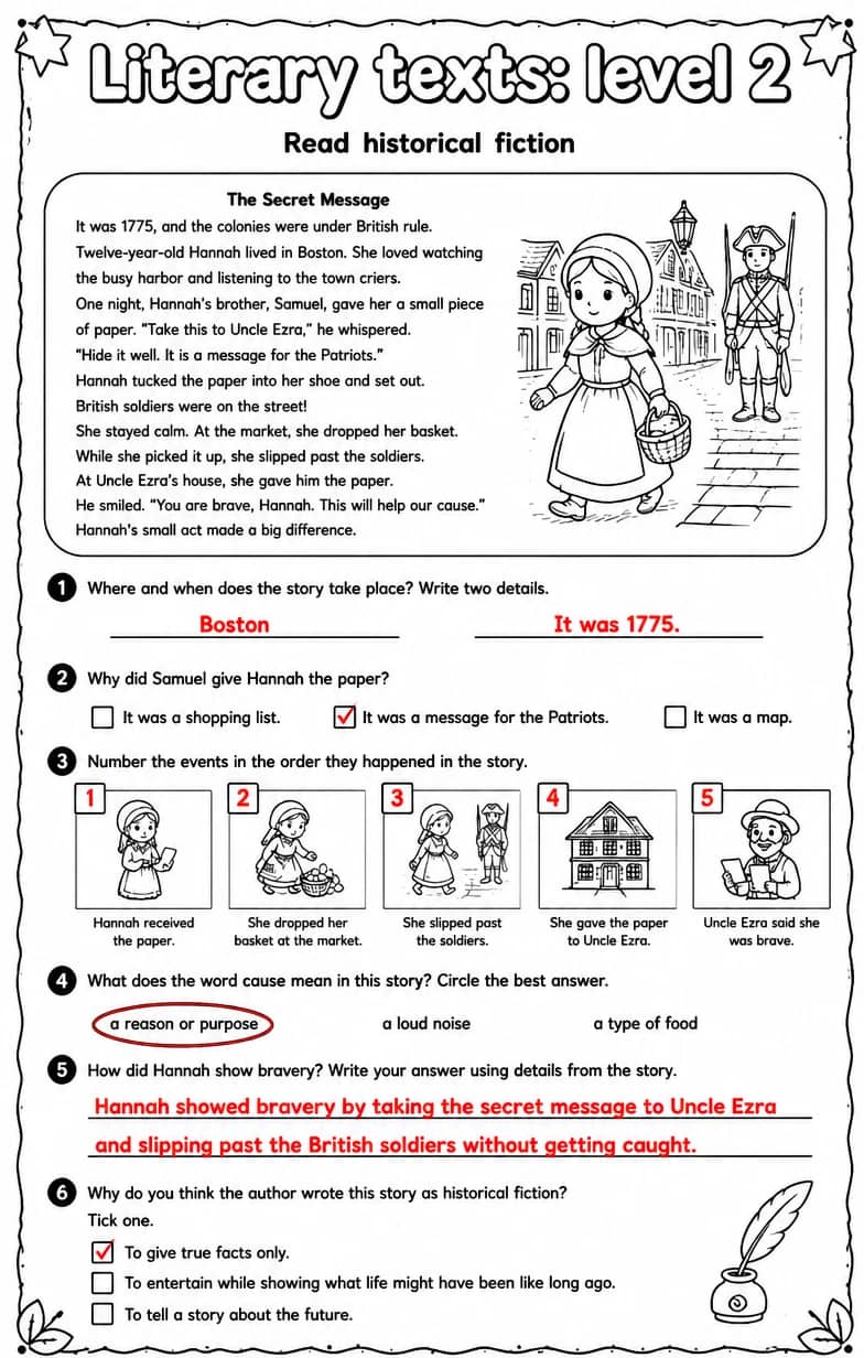 Answer key for Read historical fiction — free printable English & Reading worksheet