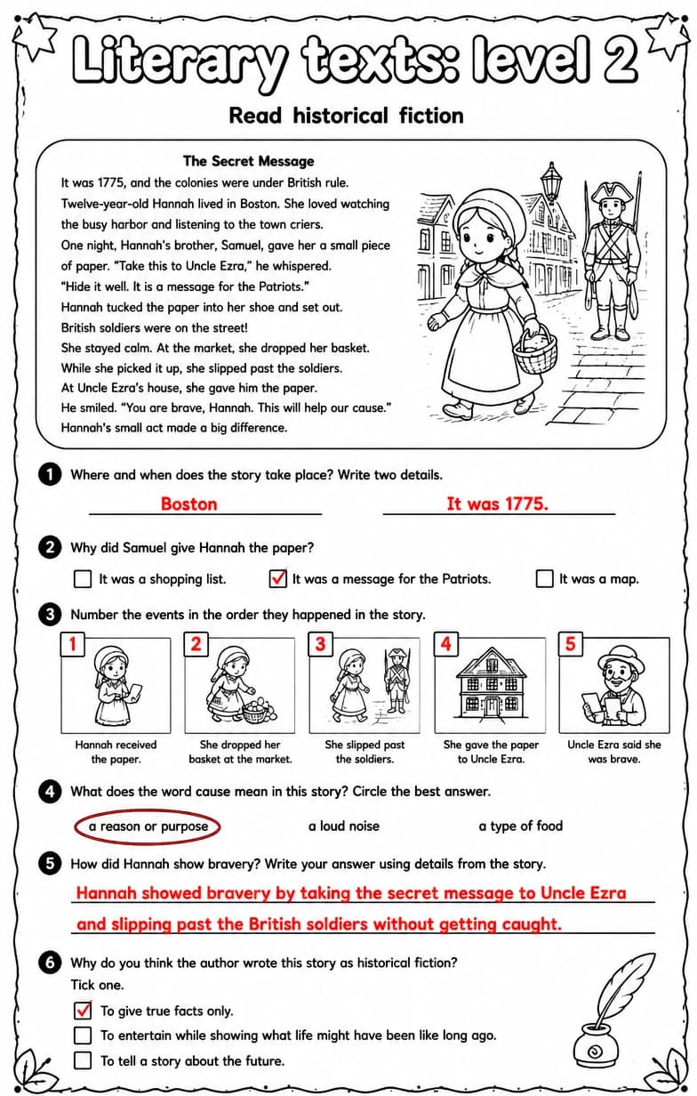 Answer key for Read historical fiction — free printable English & Reading worksheet