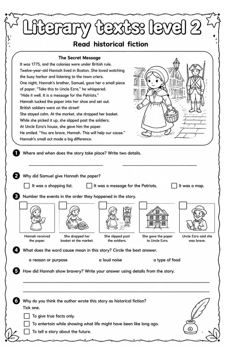 Read historical fiction — free printable Grade 5 English & Reading worksheet