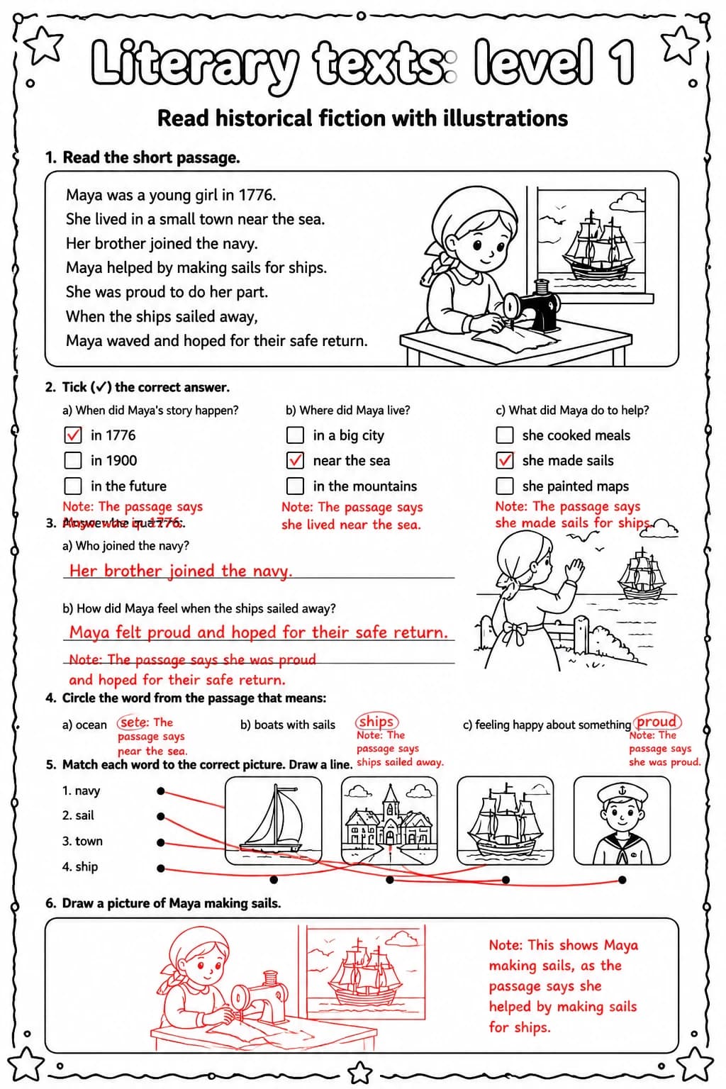 Answer key for Read historical fiction with illustrations — free printable English & Reading worksheet
