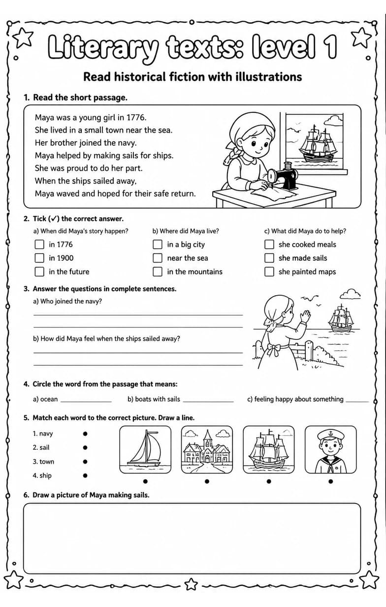 Read historical fiction with illustrations — free printable Grade 3 English & Reading worksheet