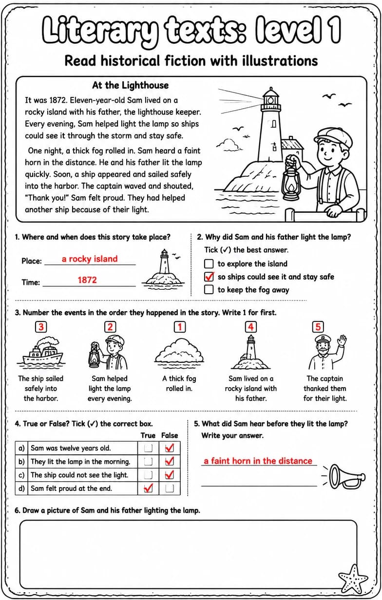 Answer key for Read historical fiction with illustrations — free printable English & Reading worksheet