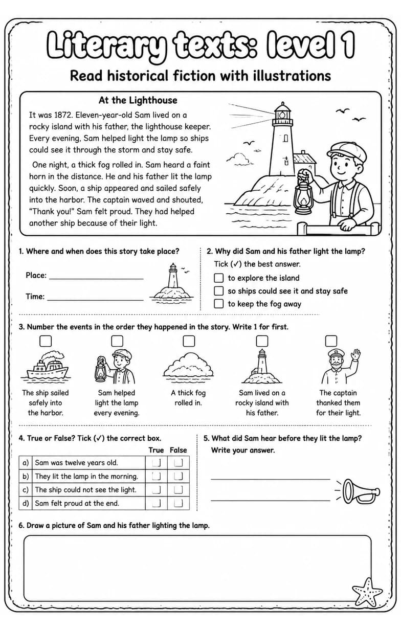 Read historical fiction with illustrations — free printable Grade 5 English & Reading worksheet