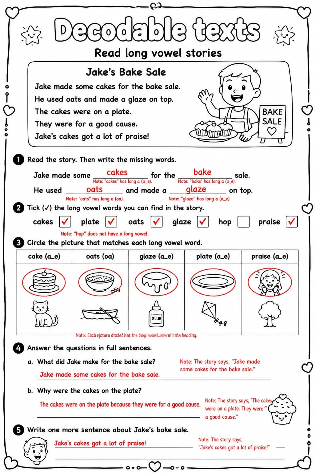Answer key for Read long vowel stories — free printable English & Reading worksheet