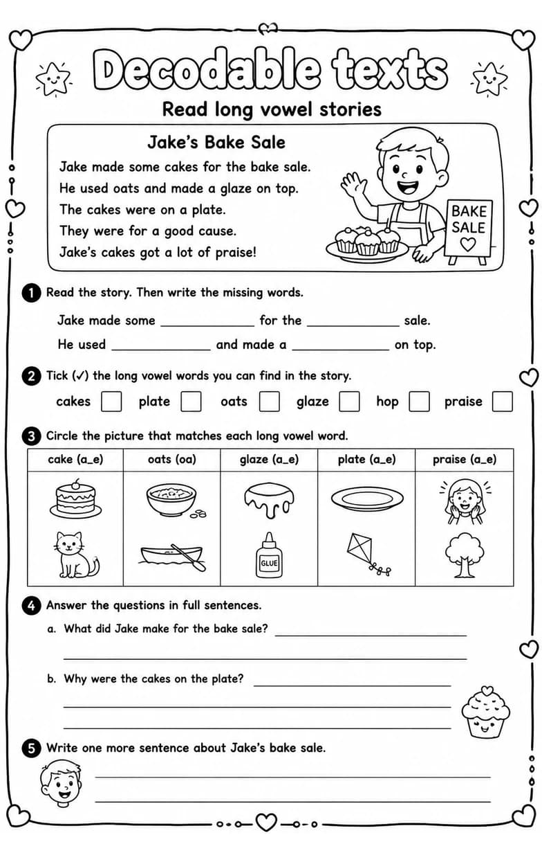 Read long vowel stories — free printable Grade 2 English & Reading worksheet