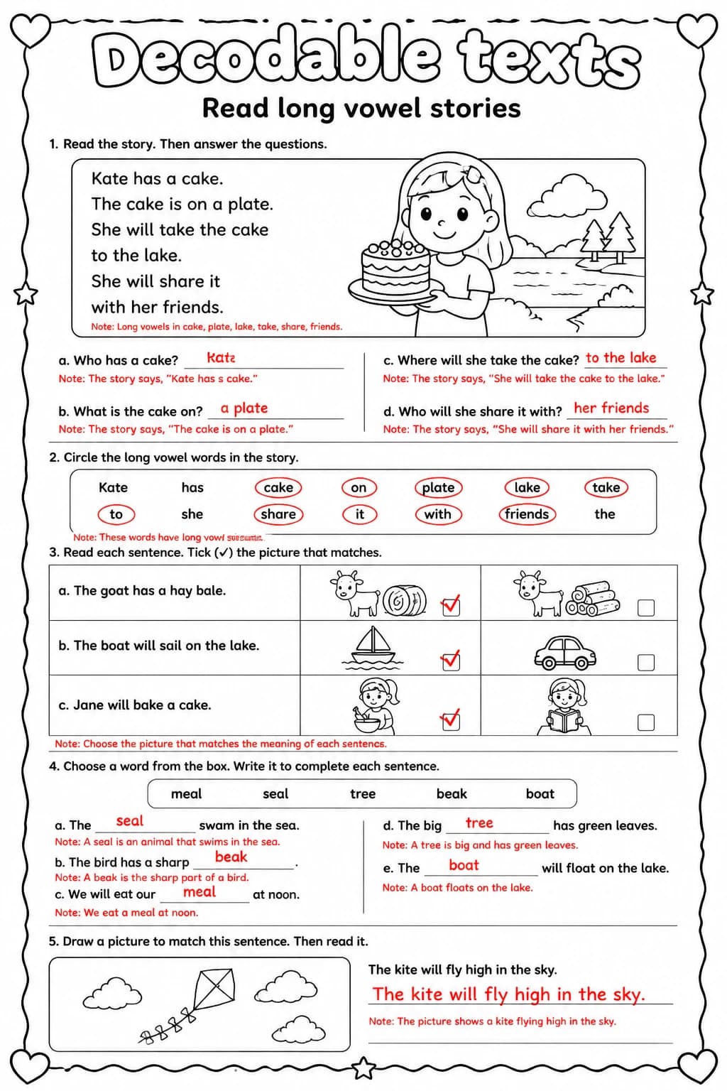 Answer key for Read long vowel stories — free printable English & Reading worksheet