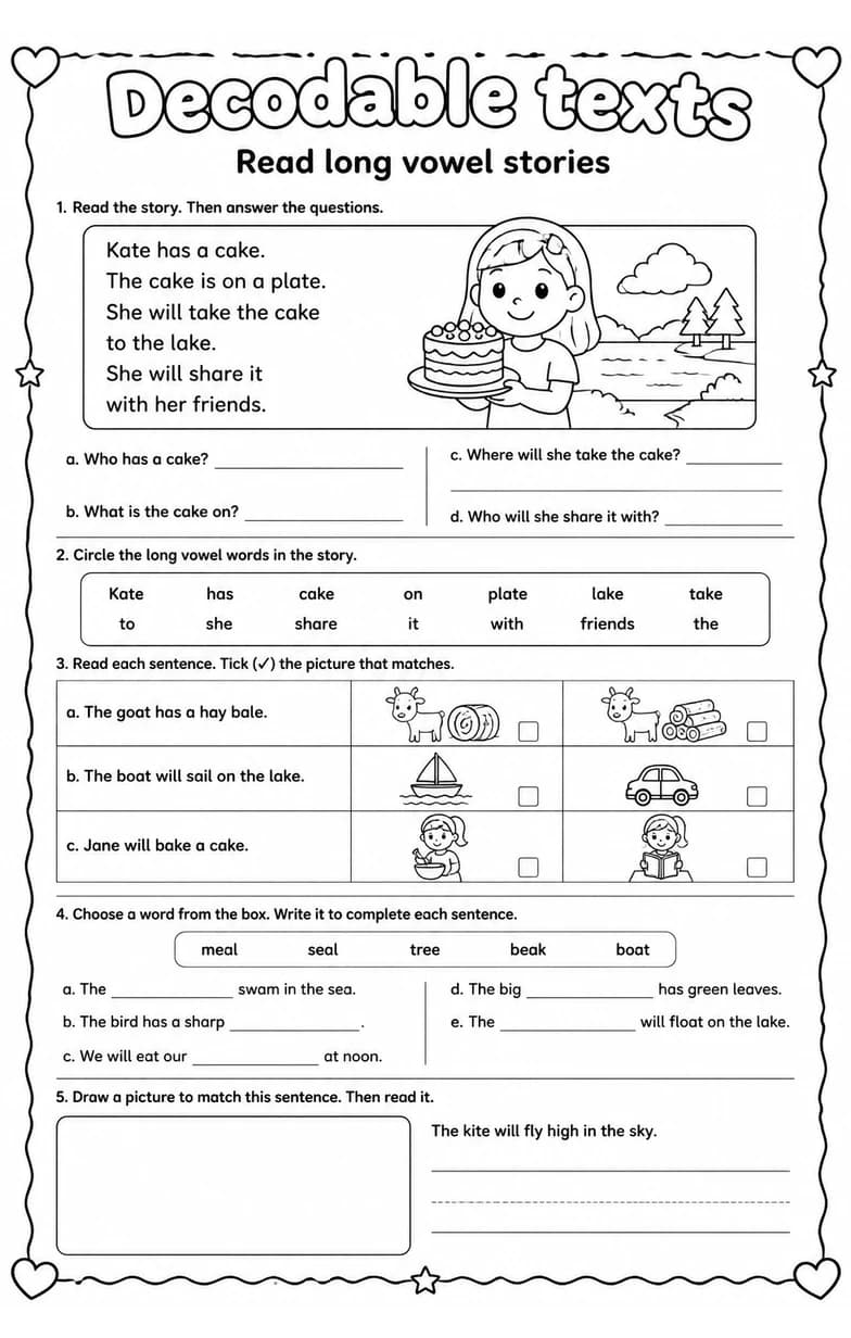 Read long vowel stories — free printable Grade 3 English & Reading worksheet