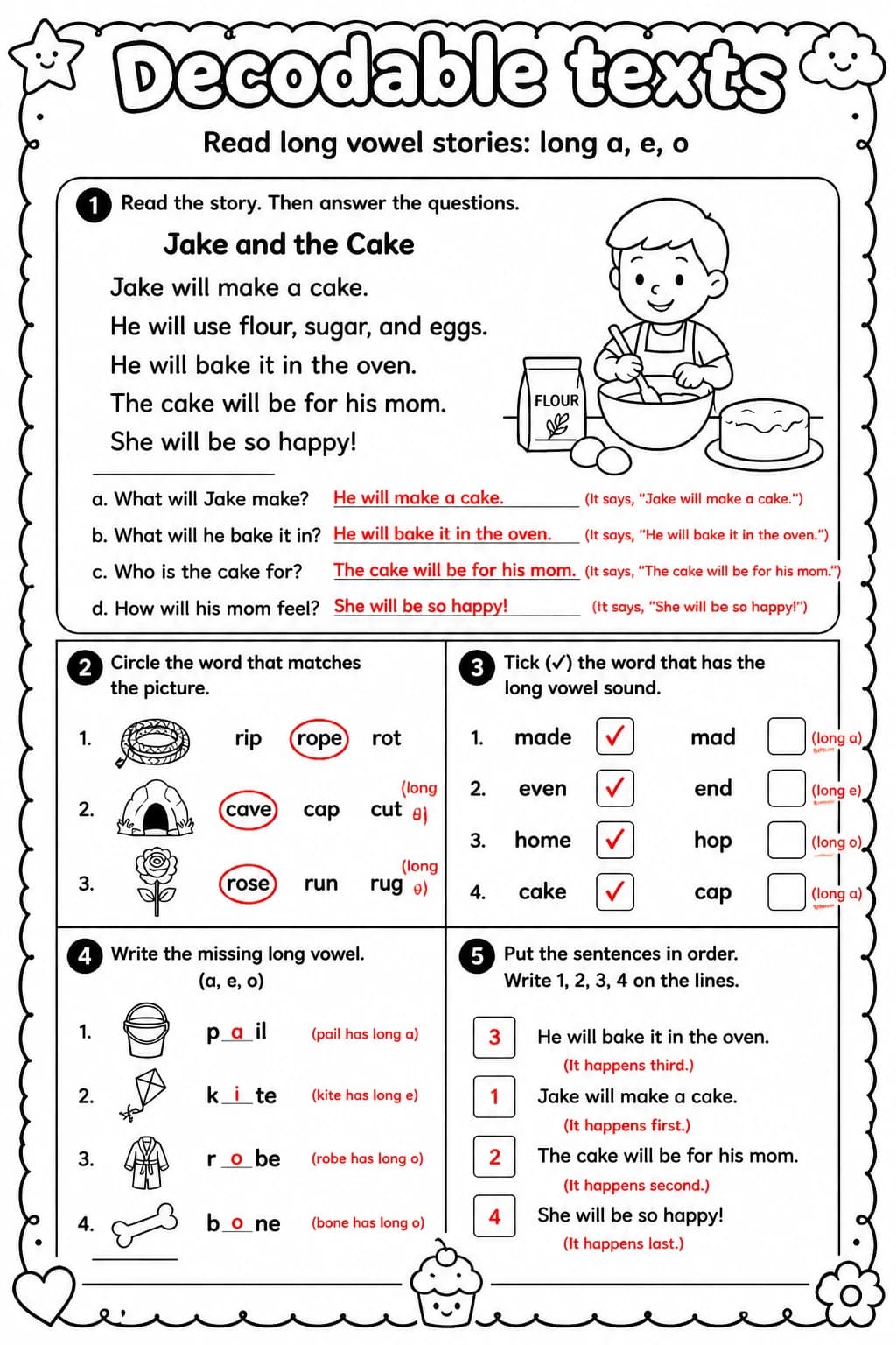 Answer key for Read long vowel stories: long a, e, o — free printable English & Reading worksheet