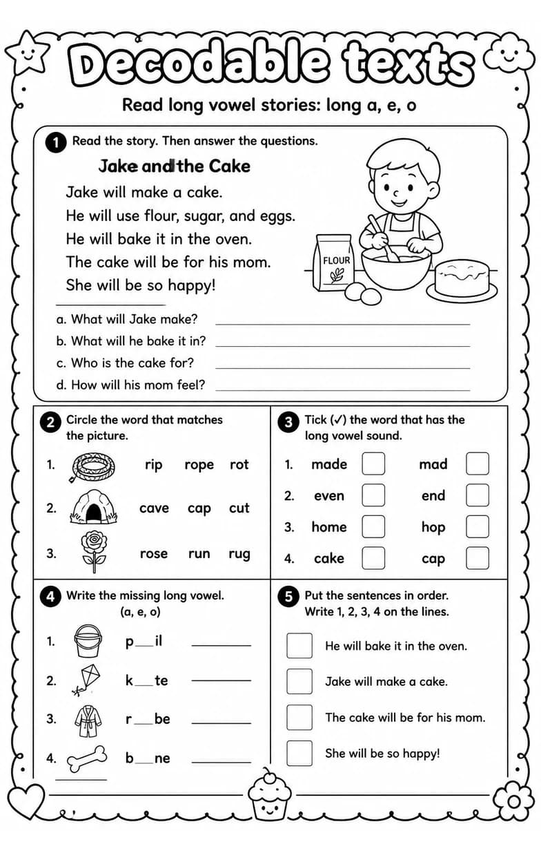 Read long vowel stories: long a, e, o — free printable Grade 2 English & Reading worksheet