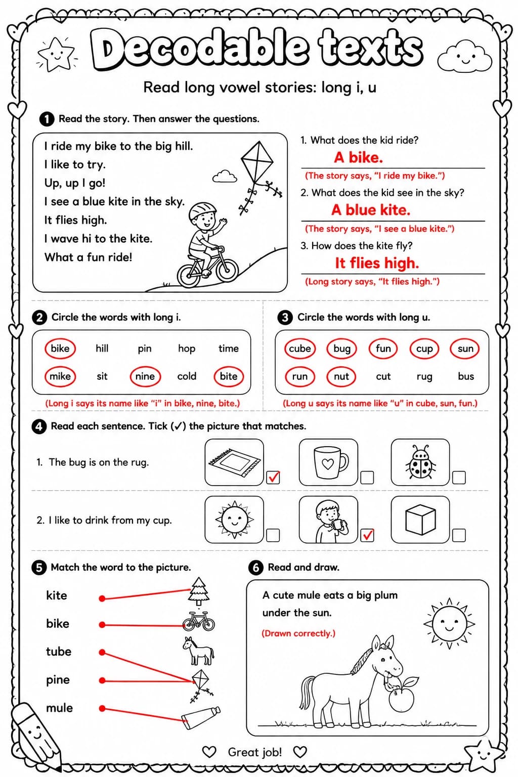 Answer key for Read long vowel stories: long i, u — free printable English & Reading worksheet