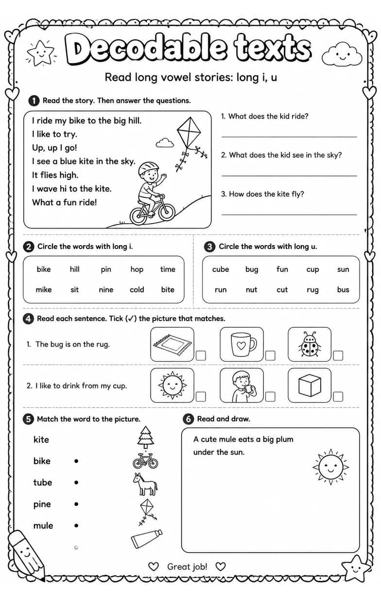 Read long vowel stories: long i, u — free printable Reading foundations English worksheet
