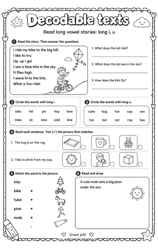 Read long vowel stories: long i, u