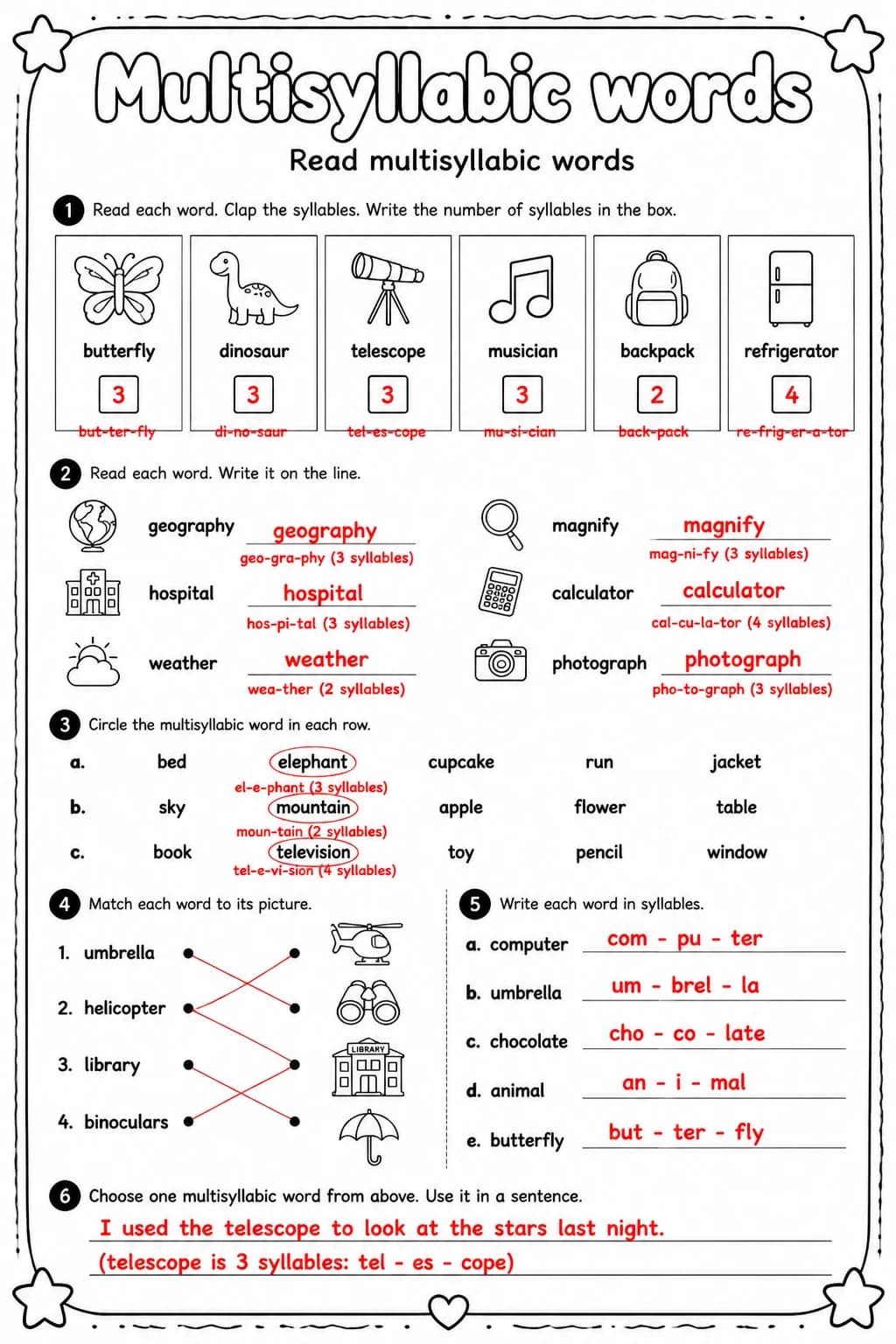 Answer key for Read multisyllabic words — free printable English & Reading worksheet