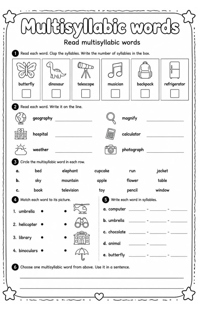 Read multisyllabic words — free printable Reading foundations English worksheet
