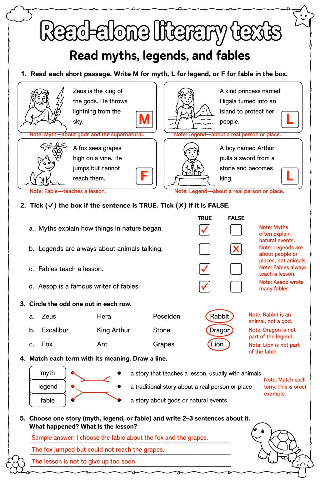 Answer key for Read myths, legends, and fables — free printable English & Reading worksheet