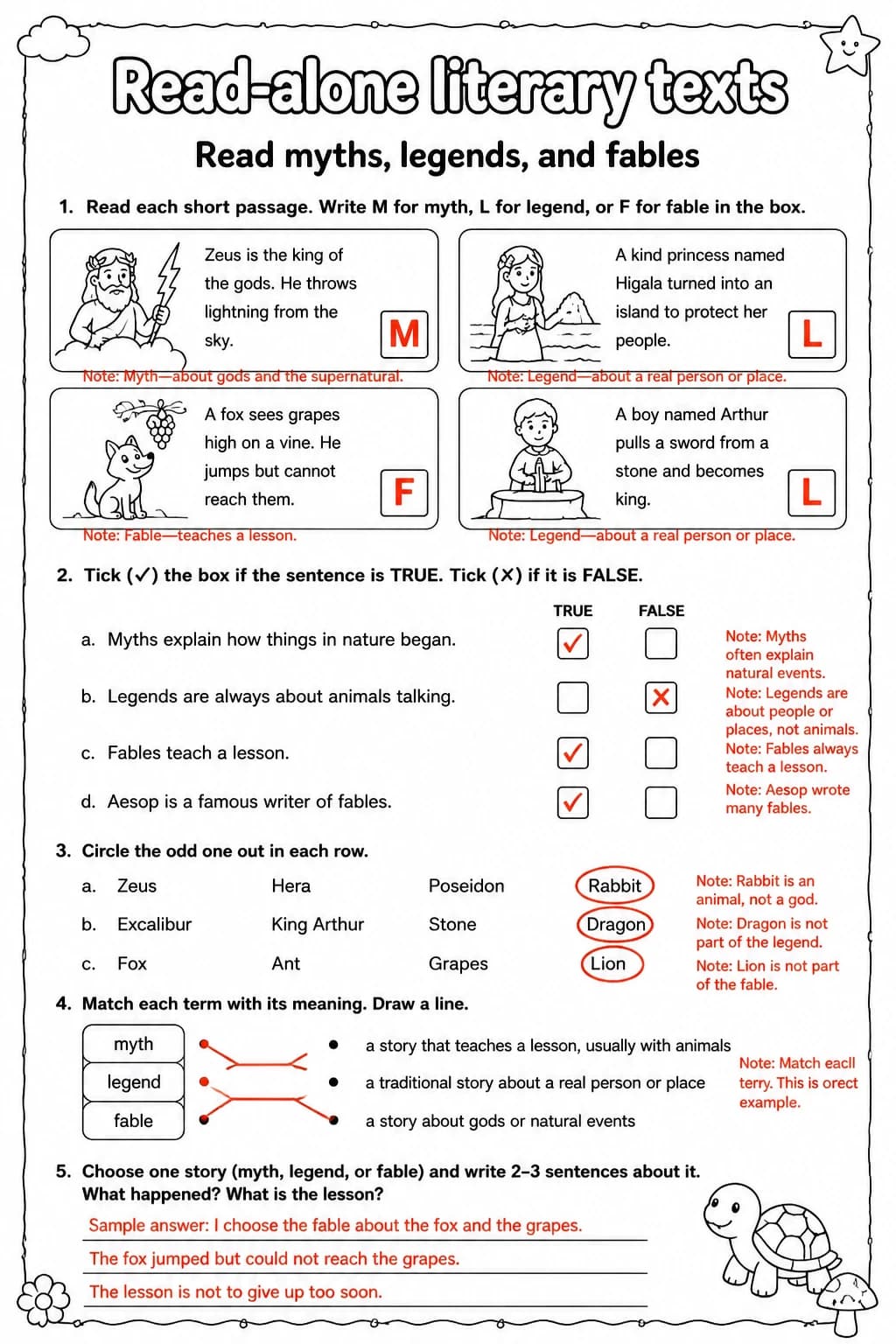 Answer key for Read myths, legends, and fables — free printable English & Reading worksheet