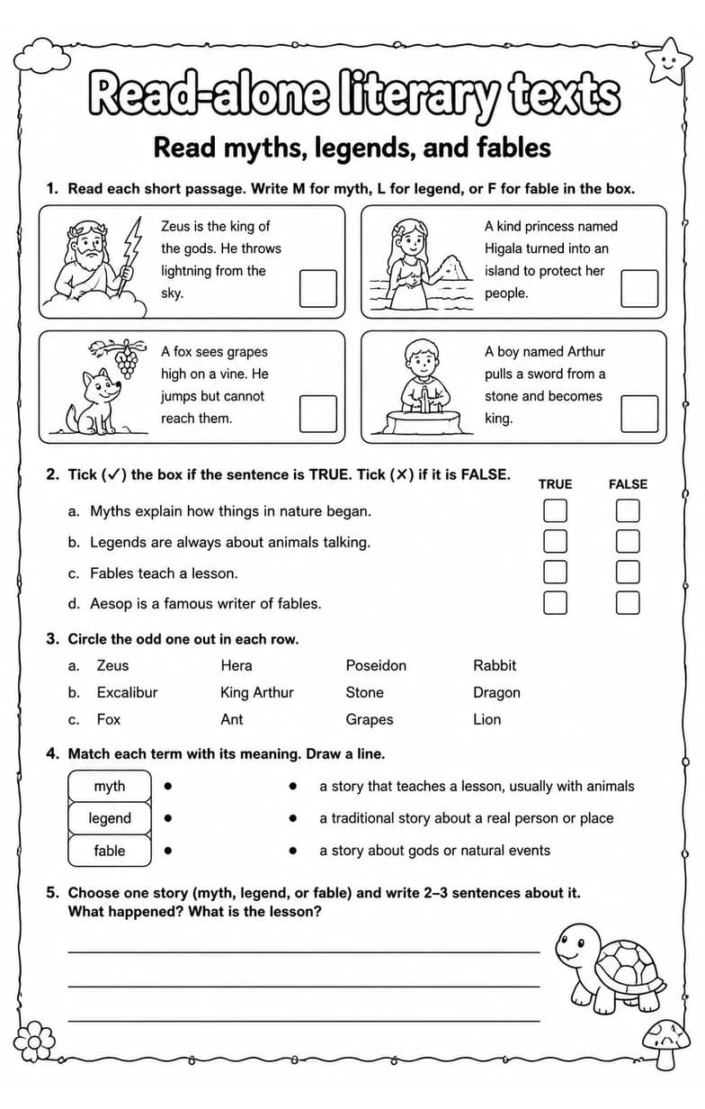 Read myths, legends, and fables — free printable Reading strategies English worksheet