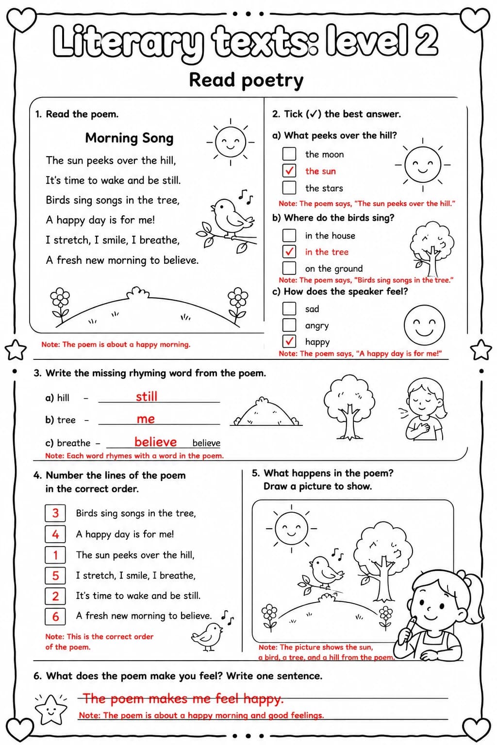 Answer key for Read poetry — free printable English & Reading worksheet