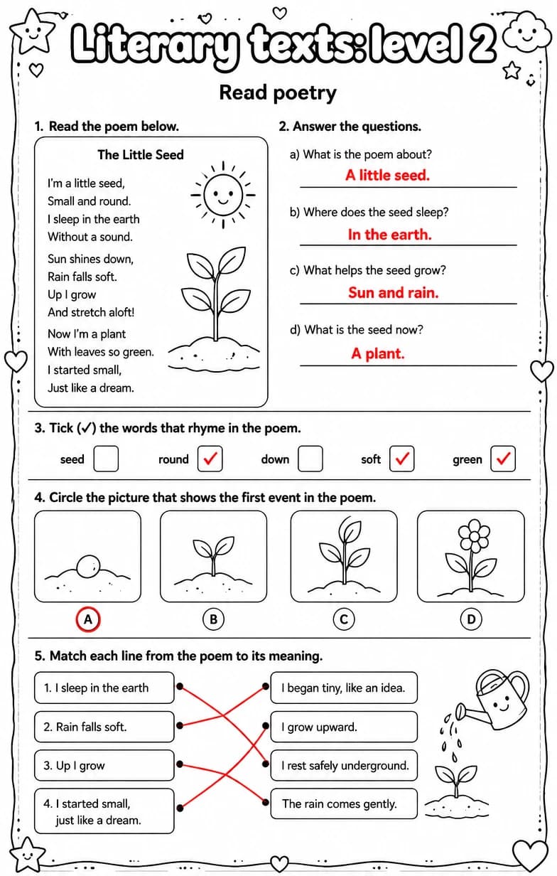 Answer key for Read poetry — free printable English & Reading worksheet