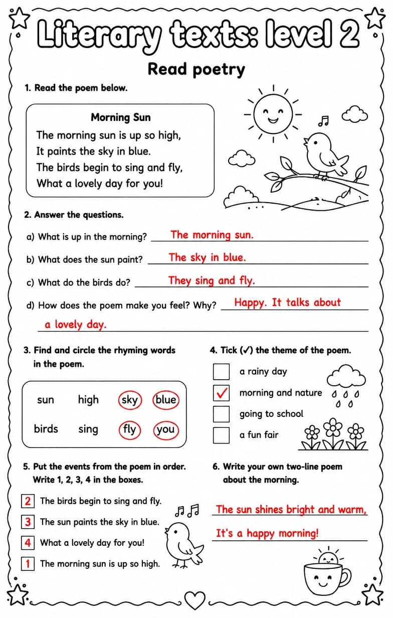 Answer key for Read poetry — free printable English & Reading worksheet