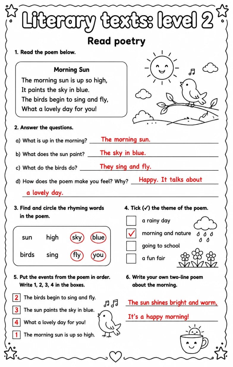 Answer key for Read poetry — free printable English & Reading worksheet