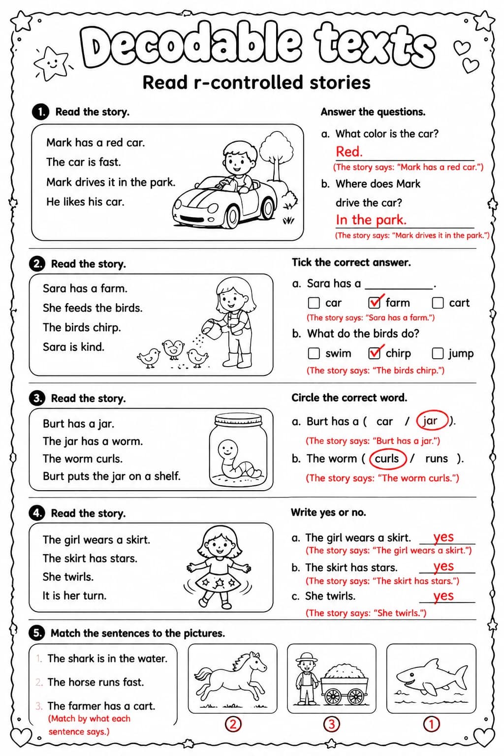 Answer key for Read r-controlled stories — free printable English & Reading worksheet