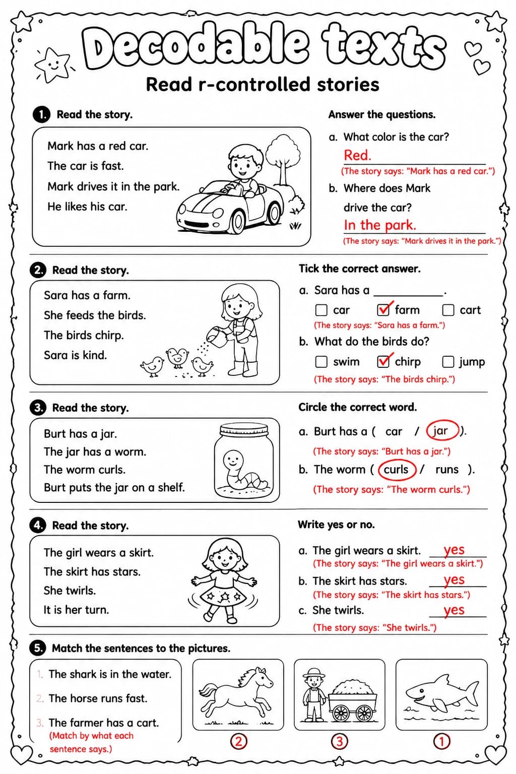 Answer key for Read r-controlled stories — free printable English & Reading worksheet