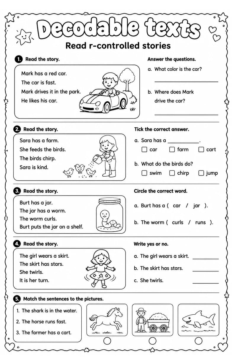 Read r-controlled stories — free printable Reading foundations English worksheet