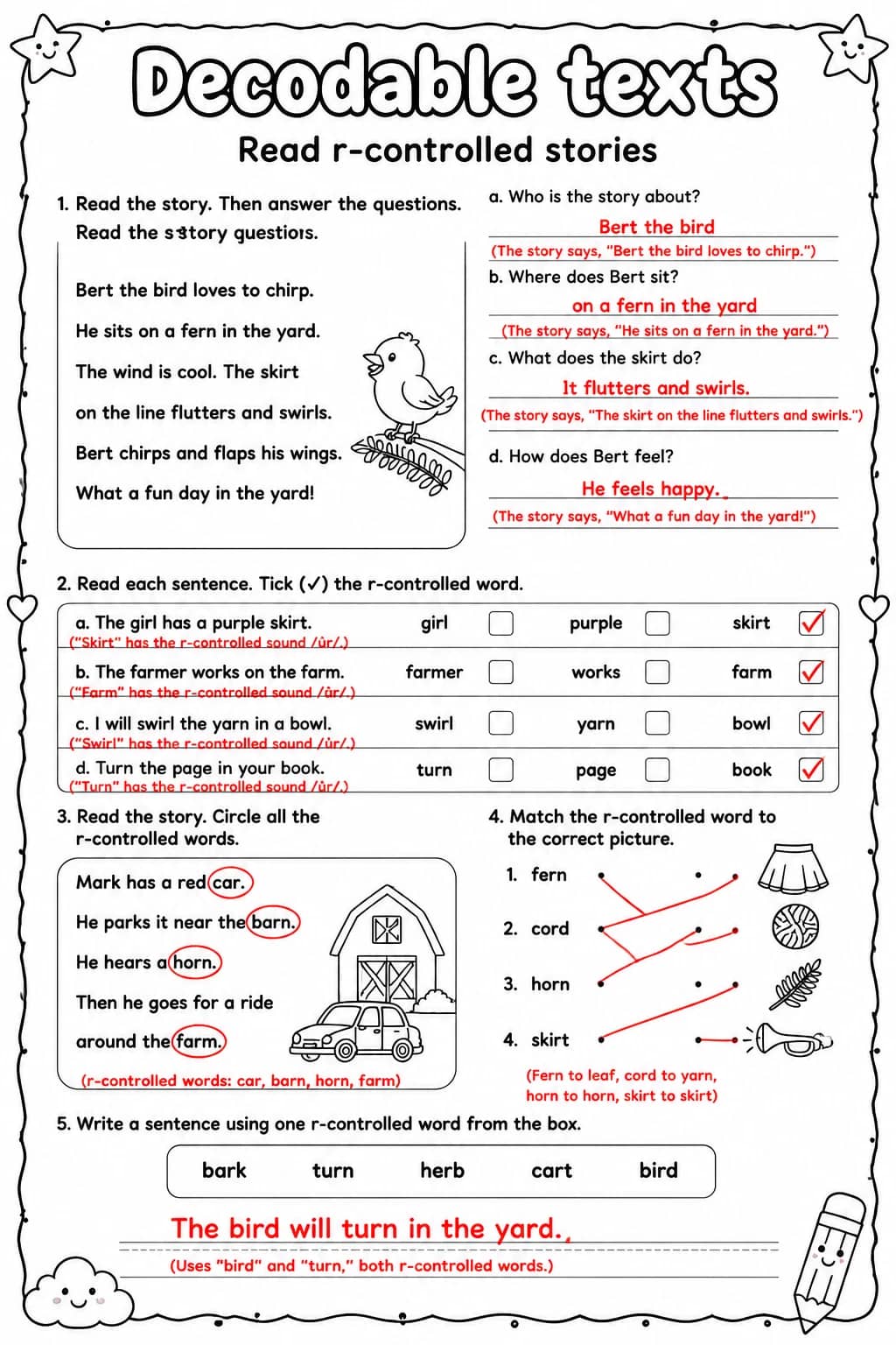 Answer key for Read r-controlled stories — free printable English & Reading worksheet