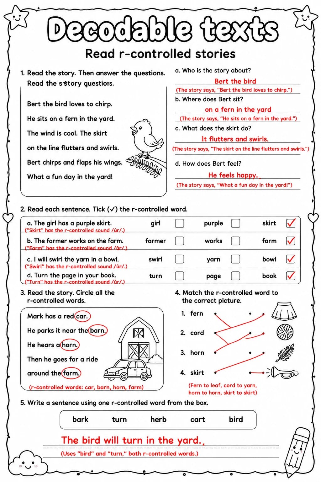 Answer key for Read r-controlled stories — free printable English & Reading worksheet