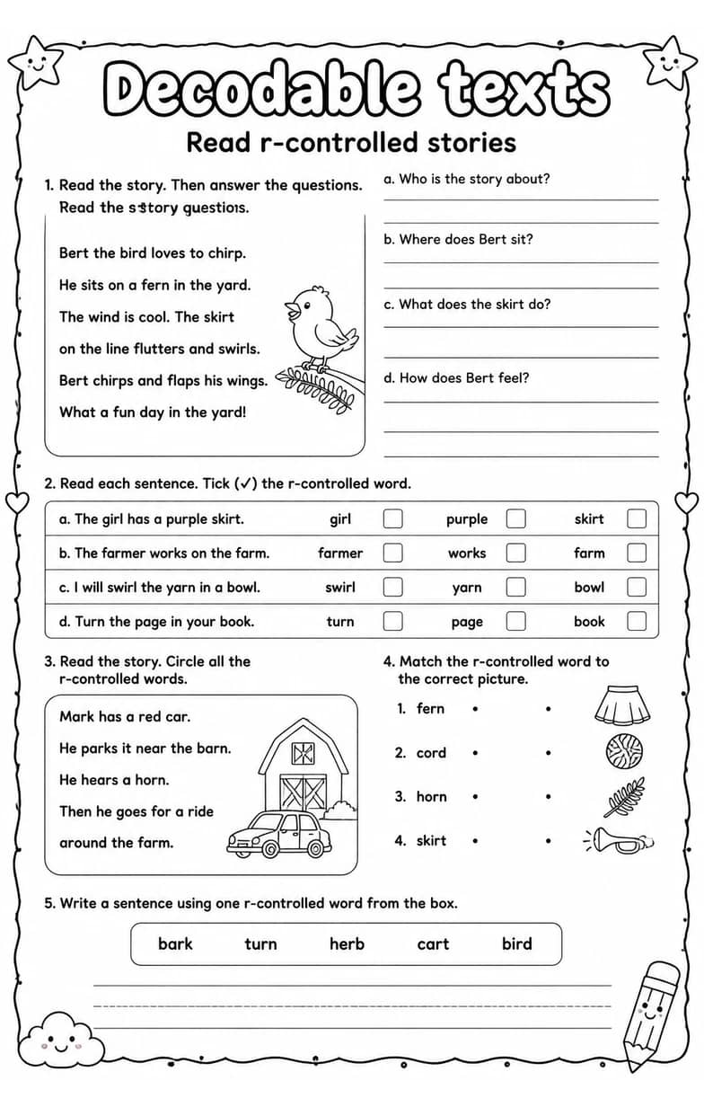 Read r-controlled stories — free printable Reading foundations English worksheet