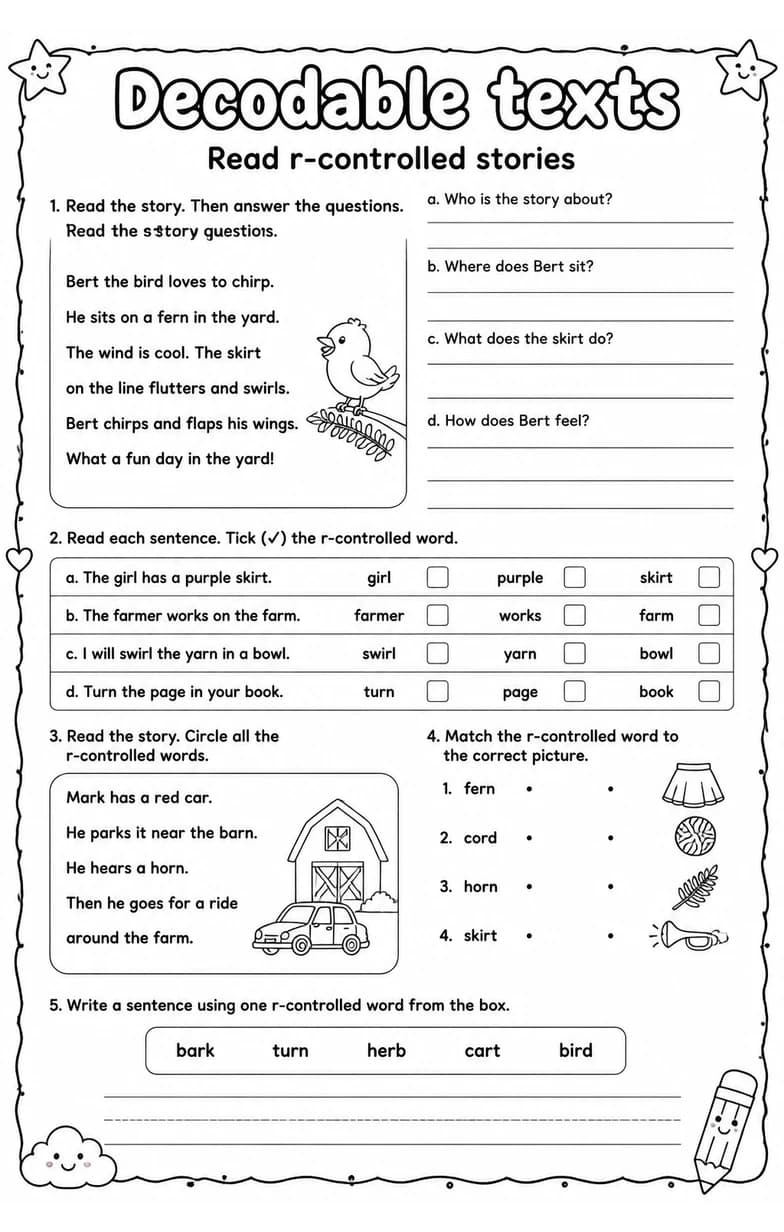 Read r-controlled stories — free printable Grade 2 English & Reading worksheet