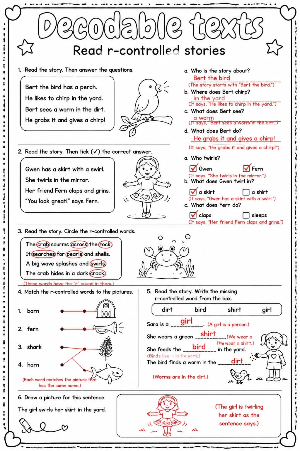 Answer key for Read r-controlled stories — free printable English & Reading worksheet