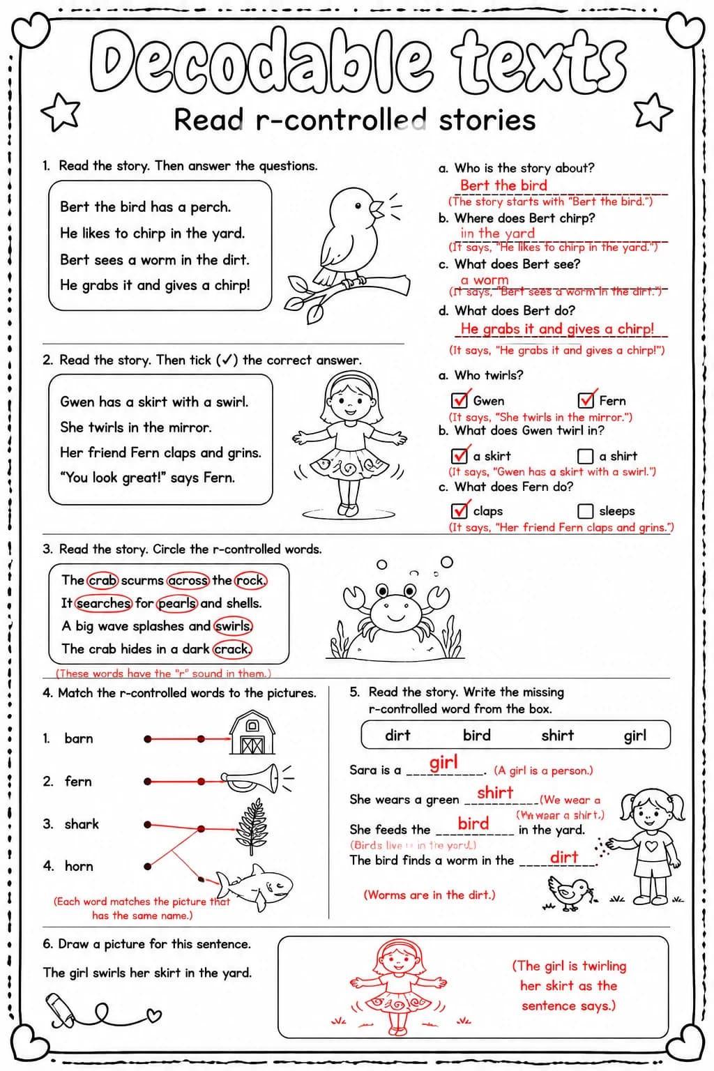 Answer key for Read r-controlled stories — free printable English & Reading worksheet