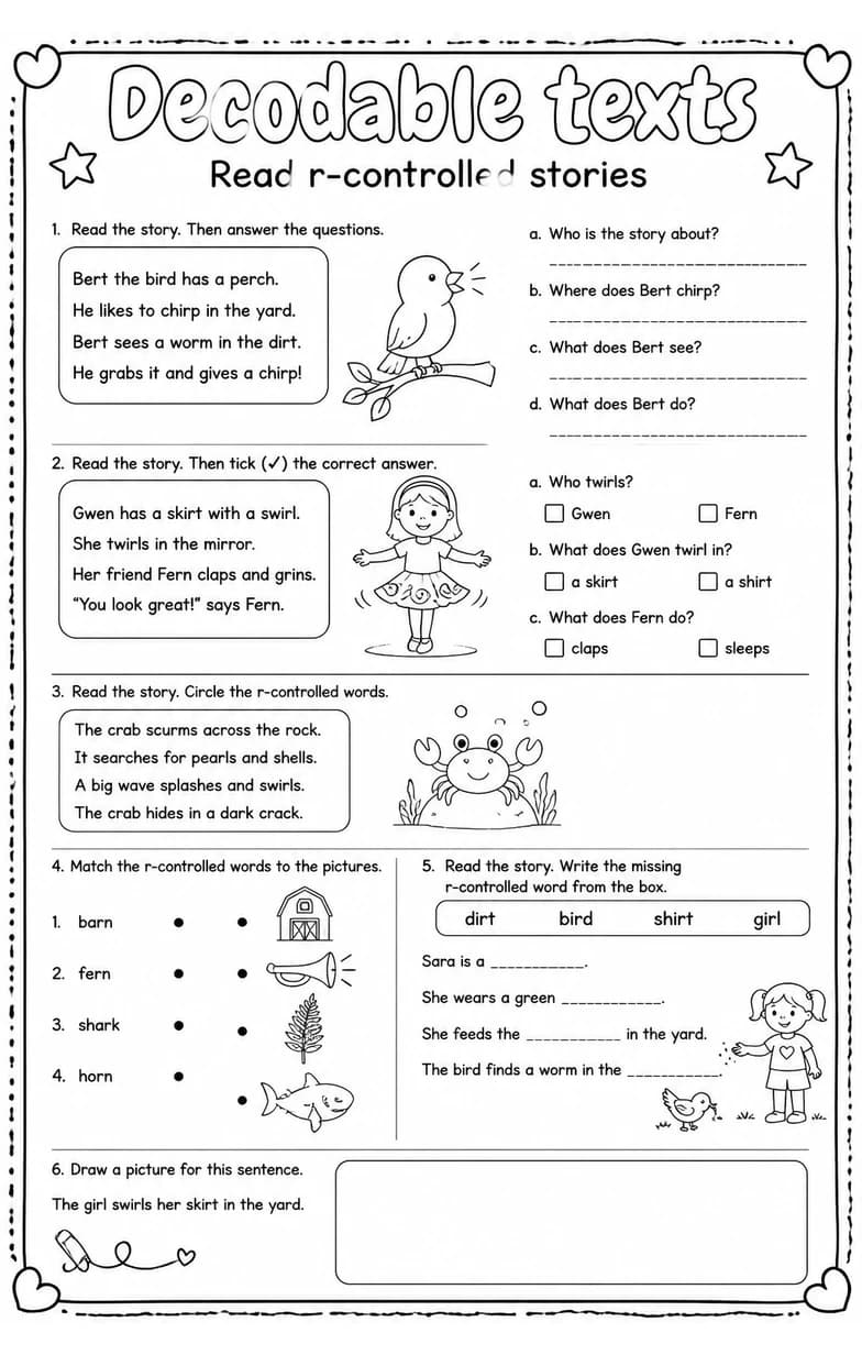Read r-controlled stories — free printable Reading foundations English worksheet