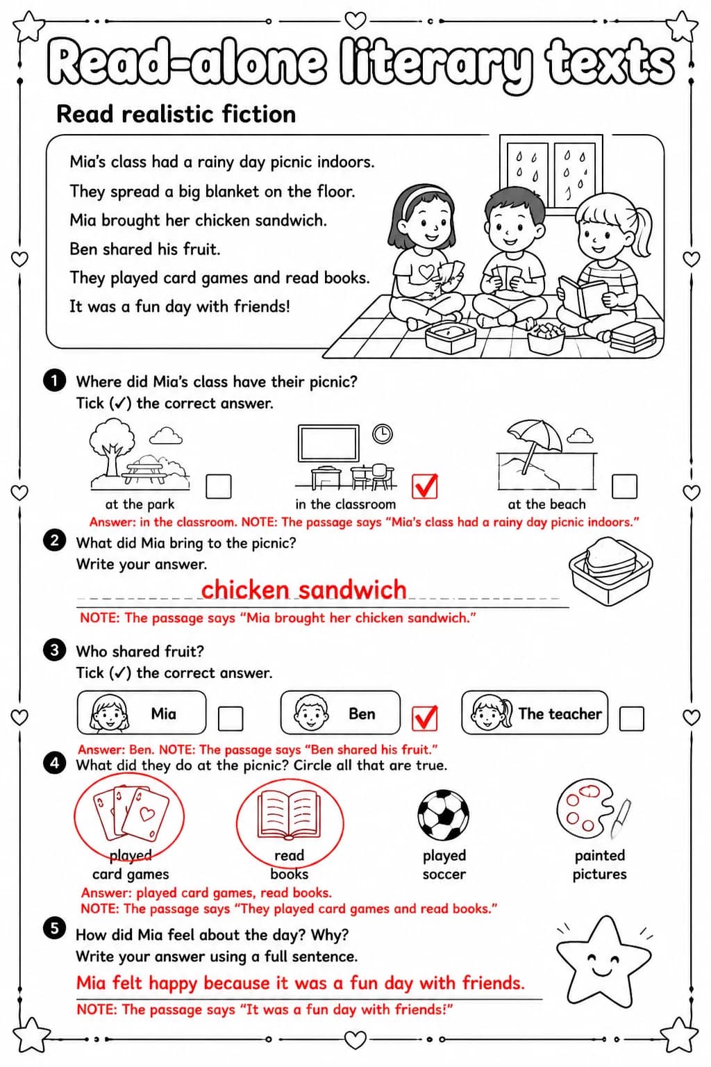 Answer key for Read realistic fiction — free printable English & Reading worksheet