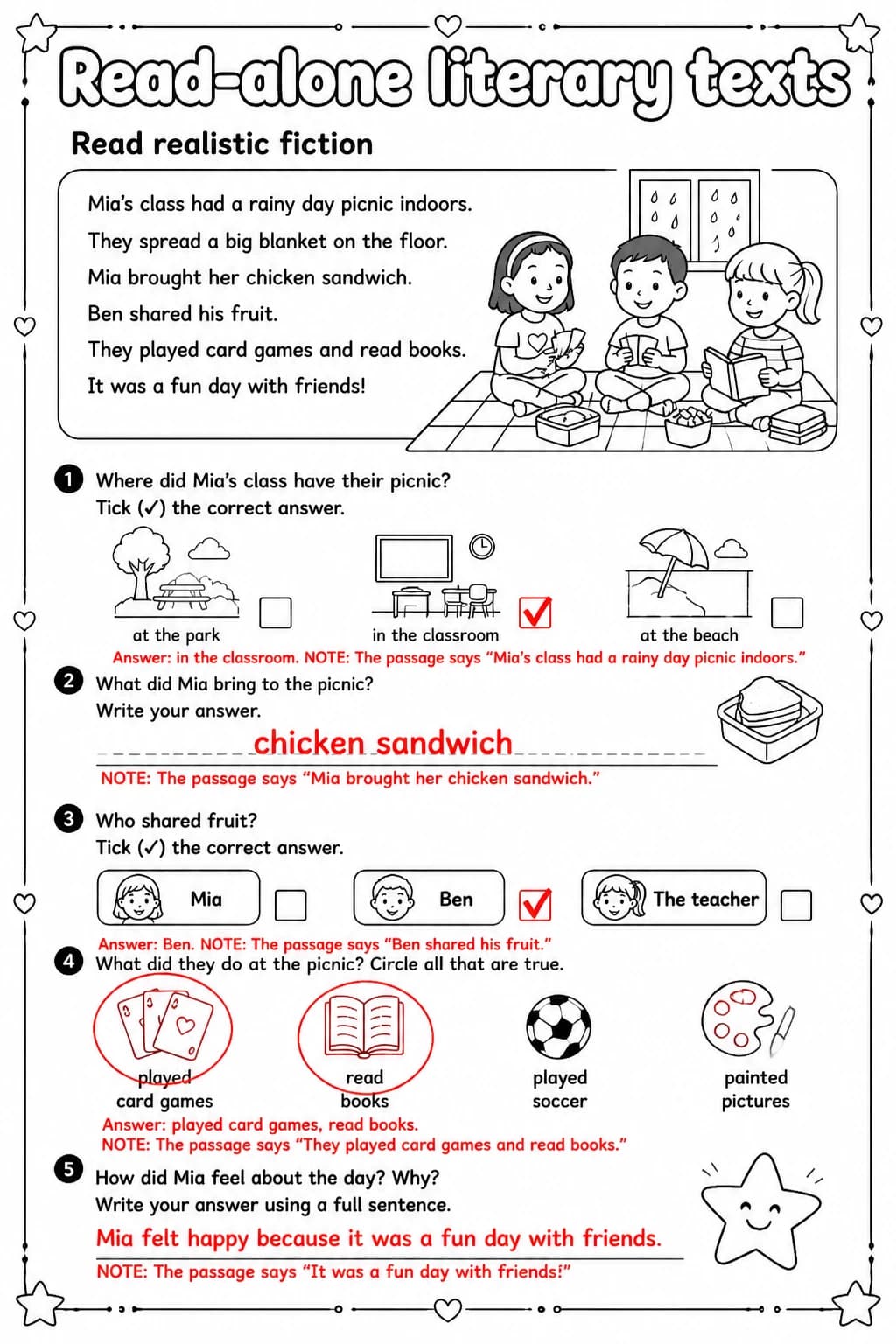 Answer key for Read realistic fiction — free printable English & Reading worksheet
