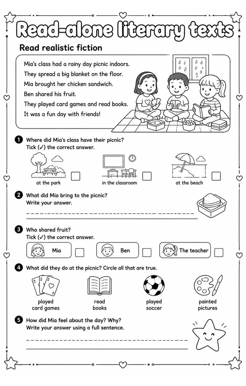 Read realistic fiction — free printable Grade 1 English & Reading worksheet