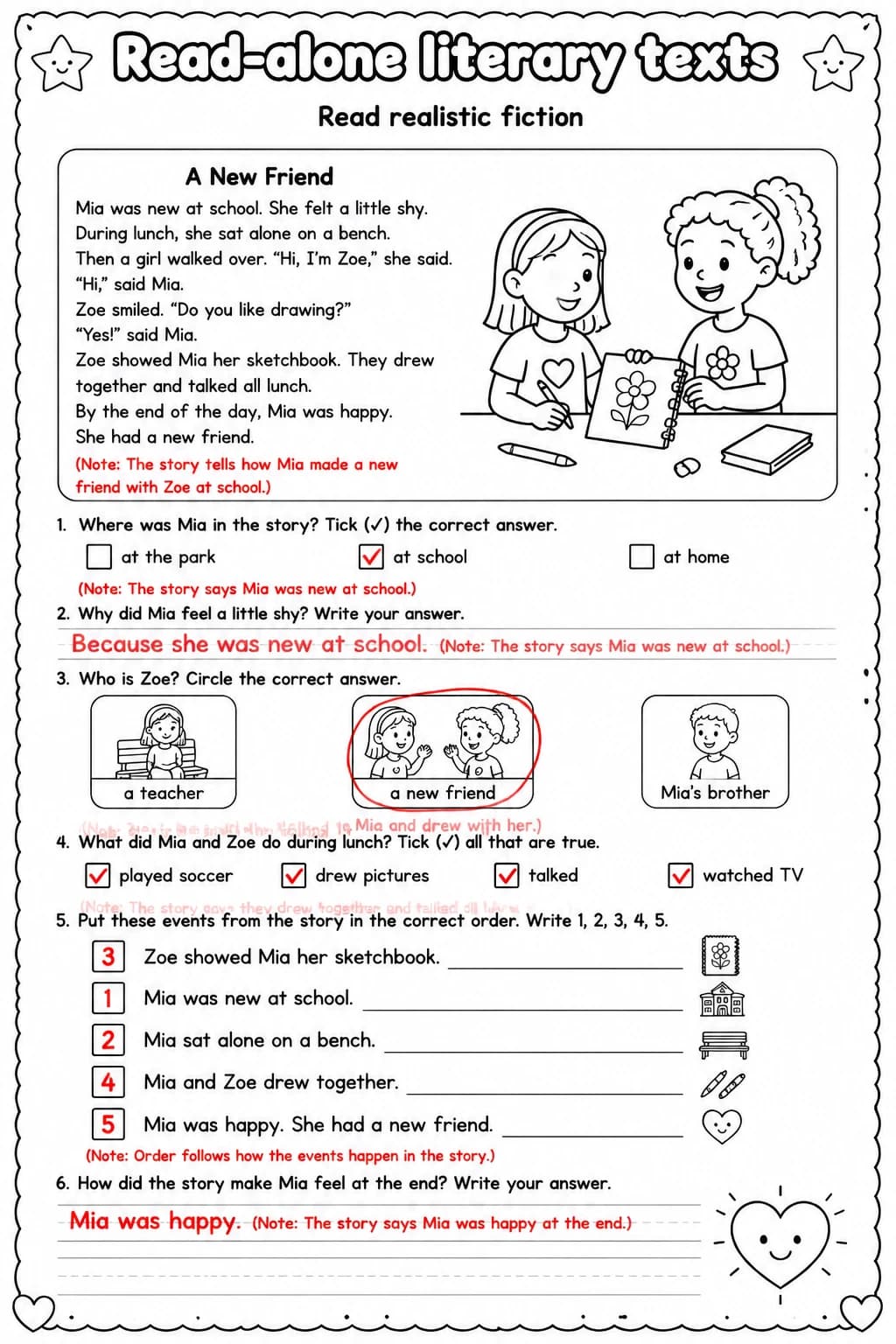 Answer key for Read realistic fiction — free printable English & Reading worksheet