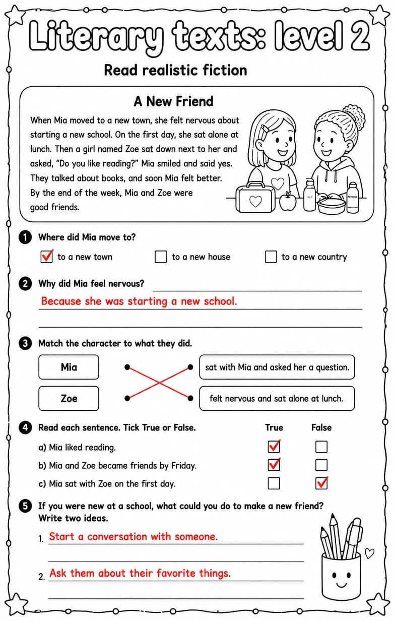 Answer key for Read realistic fiction — free printable English & Reading worksheet